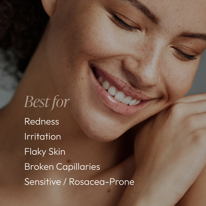Smiling woman with clear skin shown alongside text listing benefits for redness, irritation, flaky skin, broken capillaries, and sensitive or rosacea-prone skin with Tranquili-Cream | Circadia.