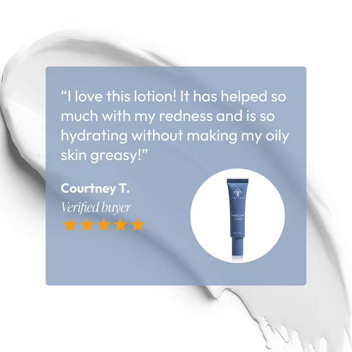Customer review praising Tranquili-Cream | Circadia for reducing redness and providing hydration without greasy residue, with product image and five-star rating on a creamy background.