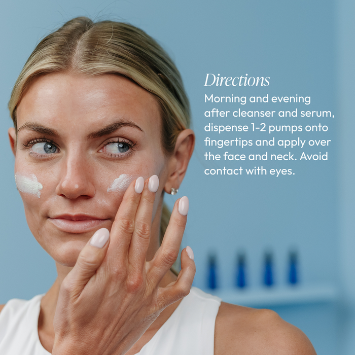 Woman applying Tranquili-Cream | Circadia calming lotion to her face with text instructions on using 1-2 pumps morning and evening after cleanser and serum, avoiding eyes.