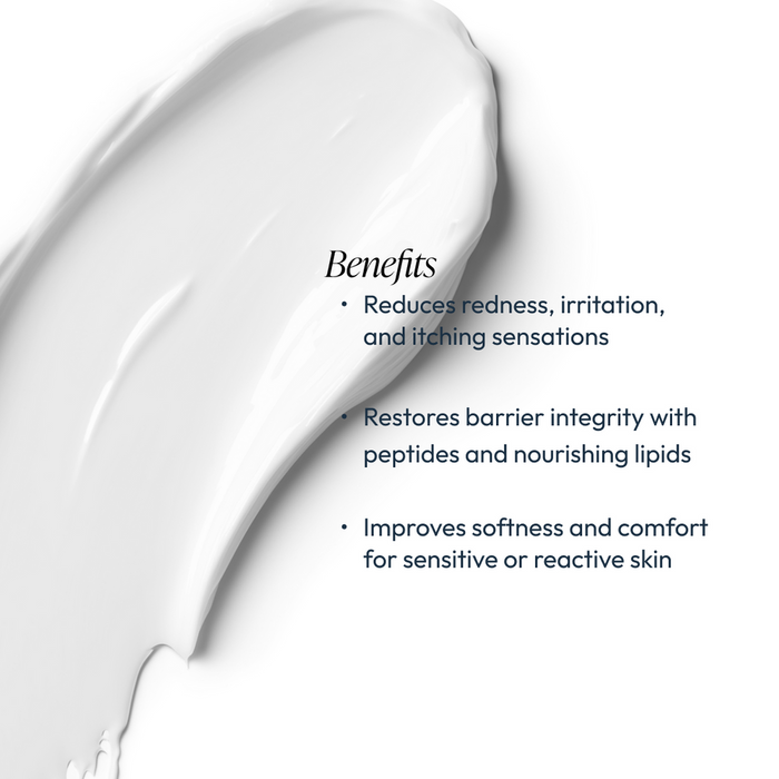 Close-up of a smooth white cream texture with text highlighting benefits of Tranquili-Cream | Circadia, promoting reduced redness, restored skin barrier, and improved softness for sensitive skin.