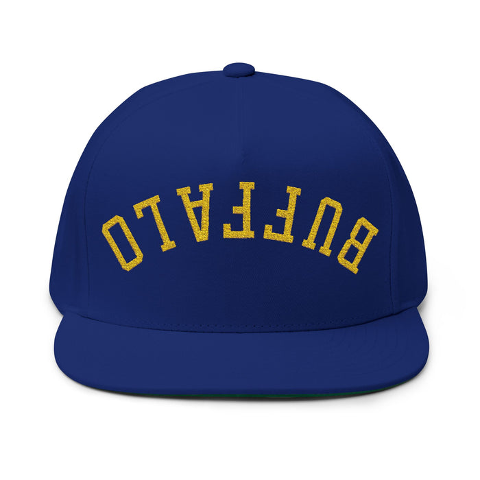 Upside Down Buffalo Hockey Flat Bill Snapback Hat – Blue & Gold Embroidered Cap