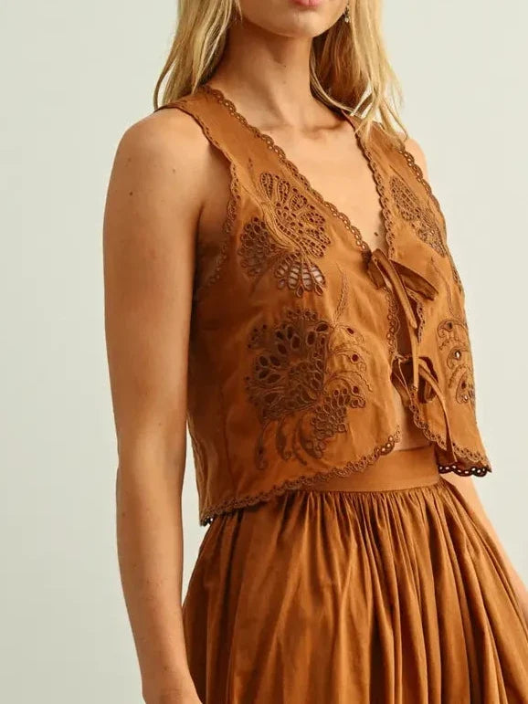 Victoria Embroidery Tied in Front Sleeveless Top