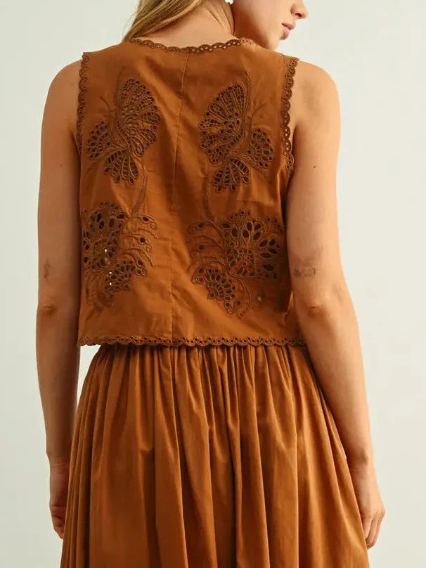 Victoria Embroidery Tied in Front Sleeveless Top