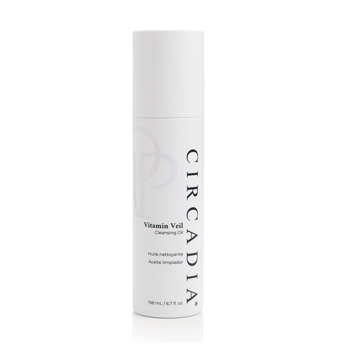 Bottle of Vitamin Veil Cleansing Oil (formerly Vitamin Veil Cleanser) | Circadia, a white skincare product designed for gentle cleansing and skin nourishment.
