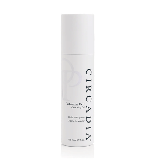 Bottle of Vitamin Veil Cleansing Oil (formerly Vitamin Veil Cleanser) | Circadia, a white skincare product designed for gentle cleansing and skin nourishment.