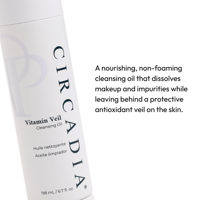 Bottle of Vitamin Veil Cleansing Oil (formerly Vitamin Veil Cleanser) | Circadia beside text describing it as a nourishing, non-foaming oil that dissolves makeup and impurities while leaving a protective antioxidant veil on skin for skincare use.