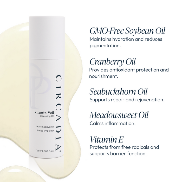 Bottle of Vitamin Veil Cleansing Oil (formerly Vitamin Veil Cleanser) | Circadia displayed with a background of cleansing oil and text highlighting key natural ingredients and their skincare benefits.