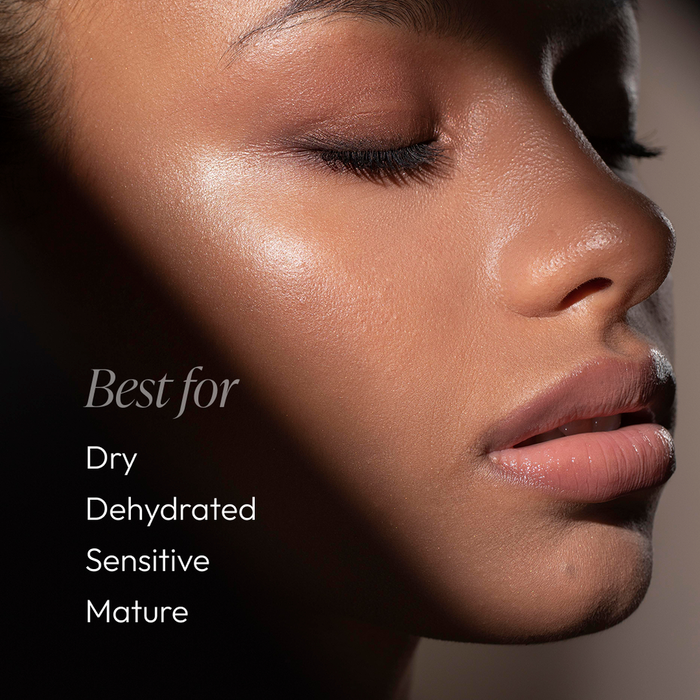 Close-up of a serene woman with glowing, hydrated skin showcasing the benefits of Vitamin Veil Cleansing Oil (formerly Vitamin Veil Cleanser) | Circadia for dry, dehydrated, sensitive, and mature skin types.