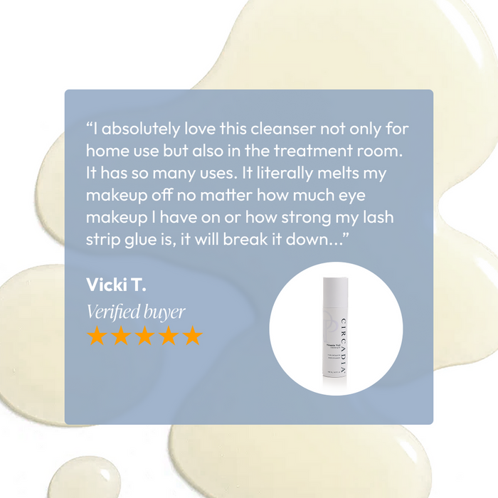 Customer review praising the effectiveness of Vitamin Veil Cleansing Oil (formerly Vitamin Veil Cleanser) | Circadia, highlighting its ability to dissolve makeup and lash strip glue with a five-star rating.