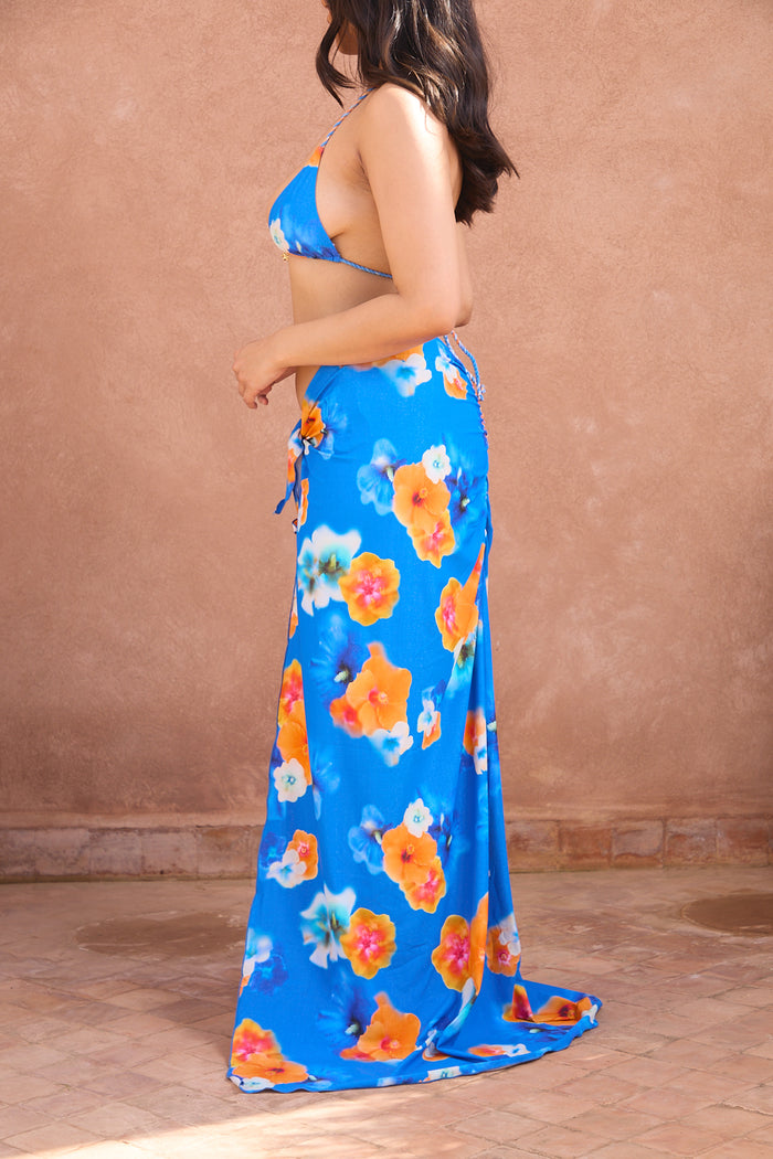 a woman in a blue dress