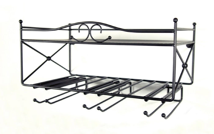 Mango Steam 2 Tier Wall Mounted Wine Rack with Stemware Holder - for Kitchen, Bar, & More (Black)