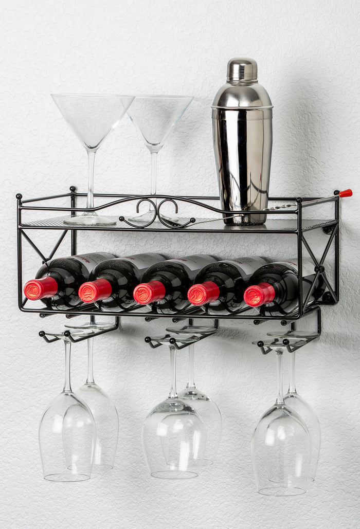 Mango Steam 2 Tier Wall Mounted Wine Rack with Stemware Holder - for Kitchen, Bar, & More