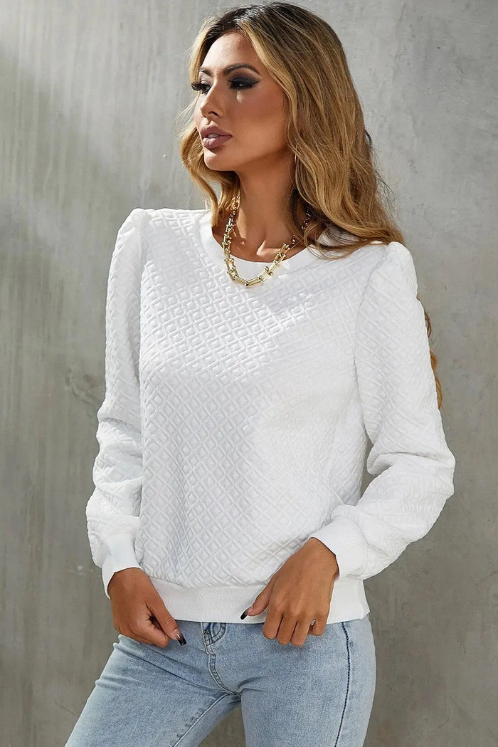 Shop White Textured Puff Long Sleeve Round Neck Top at eAura