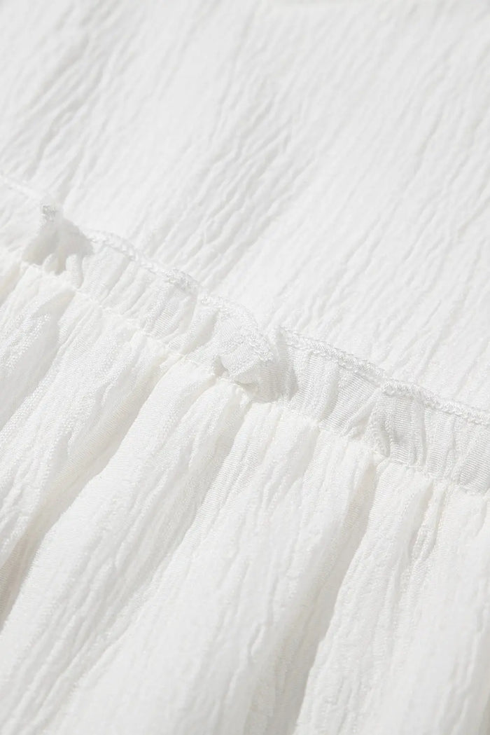 White Textured Ruffled Trim V Neck Flutter Flowy Top - Tops/Blouses & Shirts