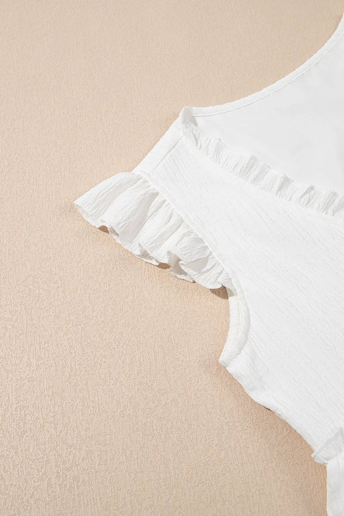 White Textured Ruffled Trim V Neck Flutter Flowy Top - Tops/Blouses & Shirts