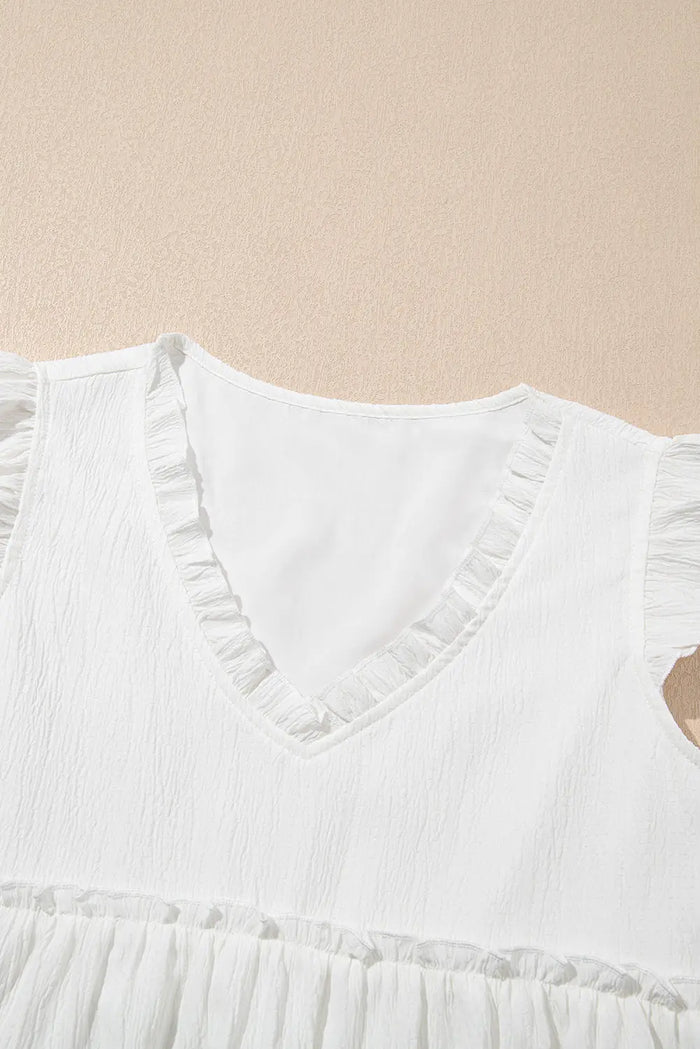 White Textured Ruffled Trim V Neck Flutter Flowy Top - Tops/Blouses & Shirts