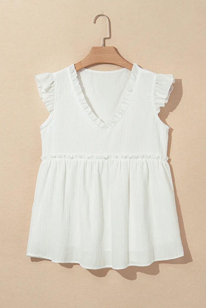 White Textured Ruffled Trim V Neck Flutter Flowy Top - Tops/Blouses & Shirts