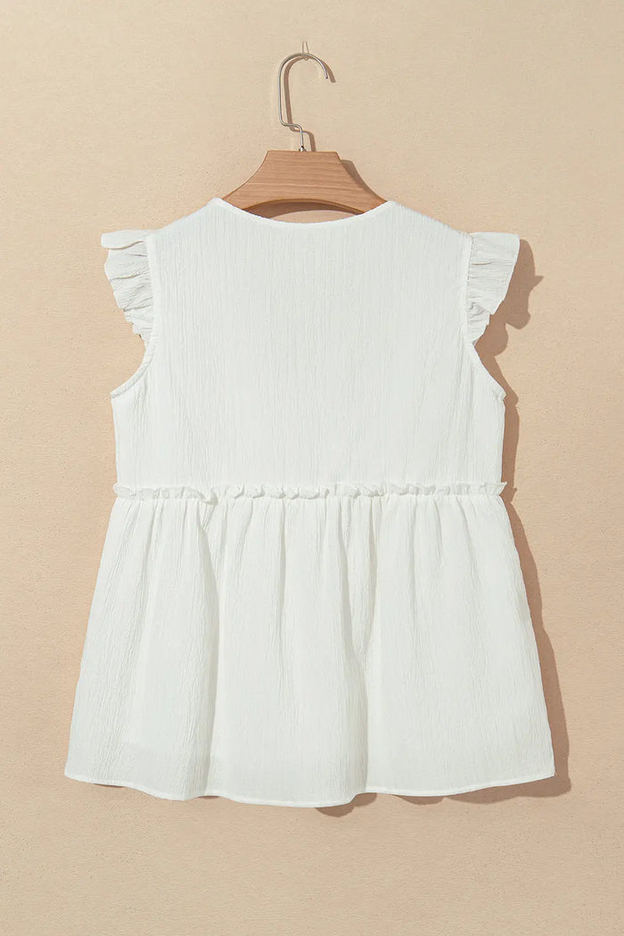 White Textured Ruffled Trim V Neck Flutter Flowy Top - Tops/Blouses & Shirts