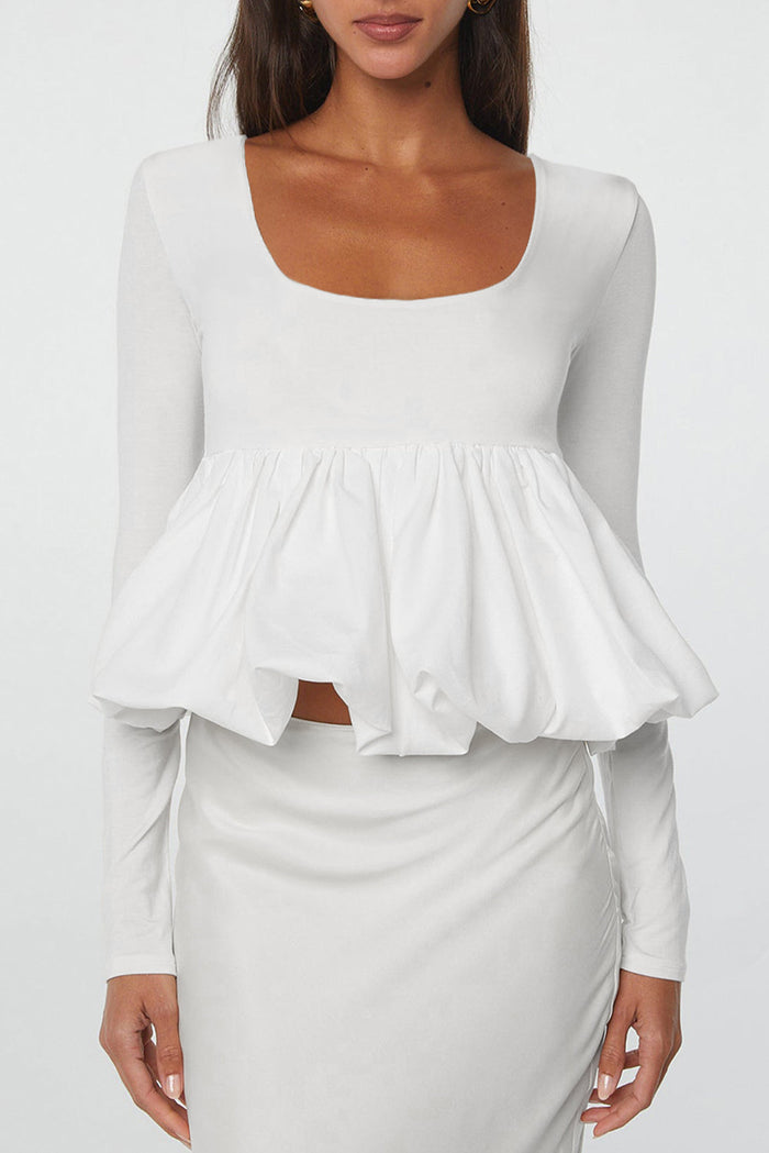 White U Neck Long Sleeve Bubble Hem Top - WHITE / S / 93% VISCOSE + 7% ELASTANE - Tops/Blouses & Shirts