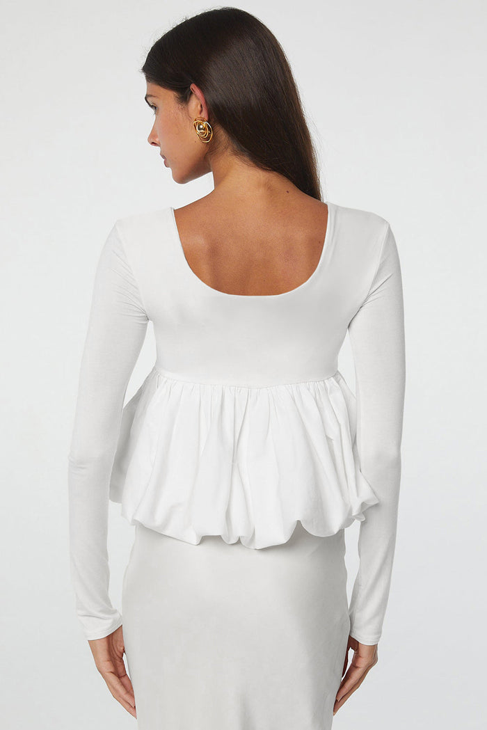 White U Neck Long Sleeve Bubble Hem Top - Tops/Blouses & Shirts