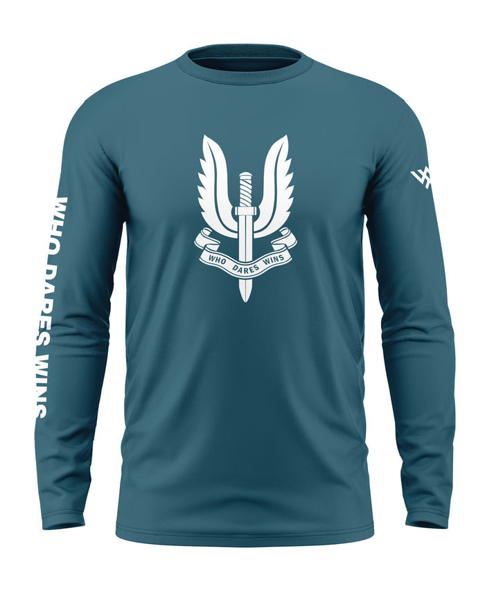 Blue full sleeve men's t-shirt with sword and wings graphic and 'Who Dares Wins' text