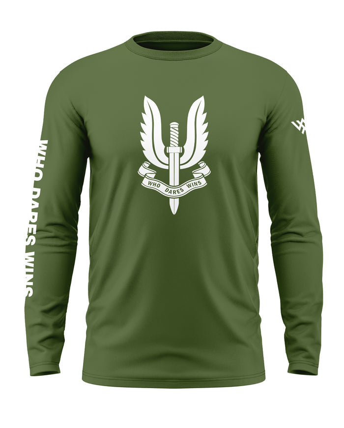 Army green men's full sleeve t-shirt with white SAS winged dagger logo and 'Who Dares Wins' text.