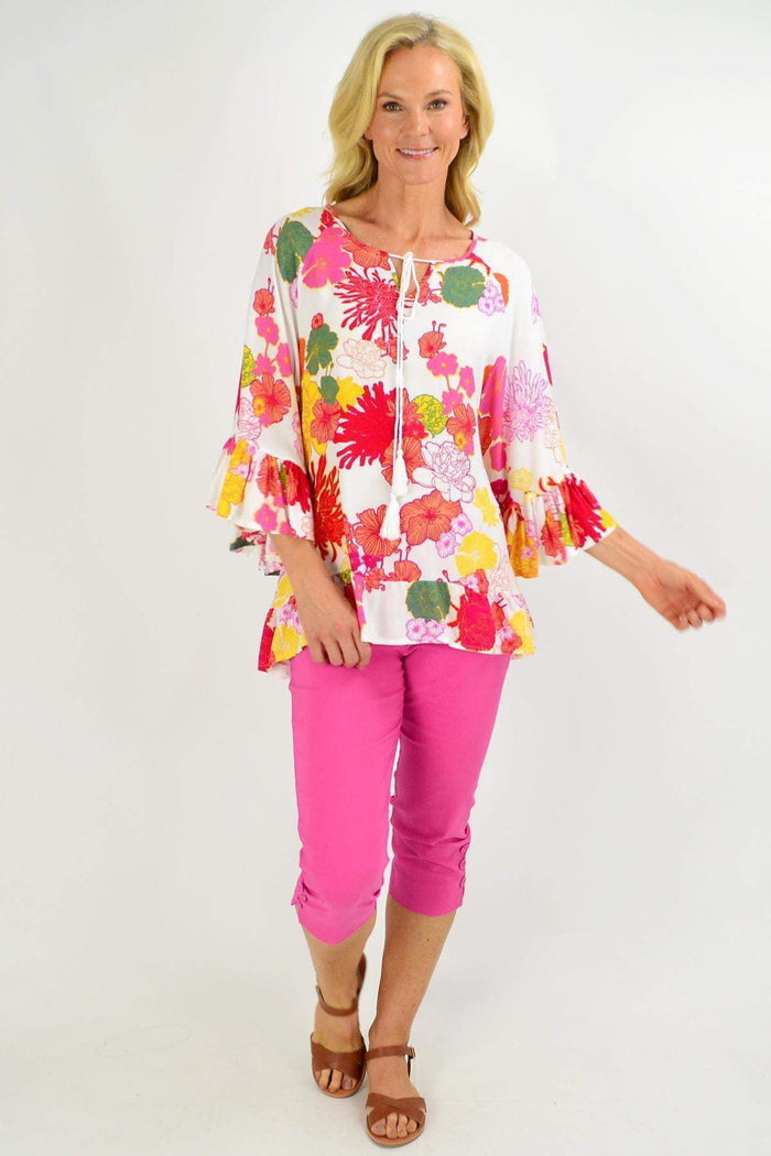 Wide sleeve multicolour floral tunic top by New U Collection featuring a loose fit and vibrant floral pattern for women.
