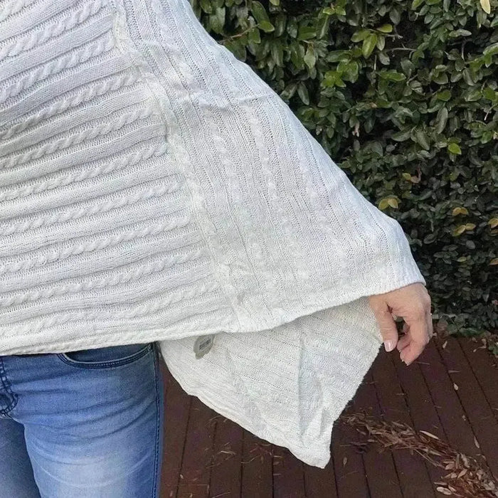 Cream knitted cotton Winter Poncho with round neck