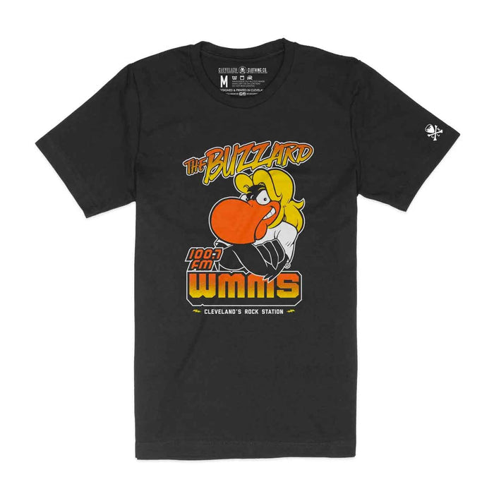 A black crew neck t-shirt with a graphic print of a bird character and the text 'The Buzzard 100.7 FM', indicating it is a licensed merchandise from WMMS 100.