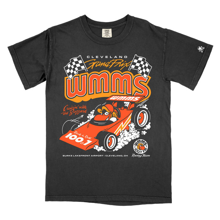 Black t-shirt with a racing graphic and text on a white background