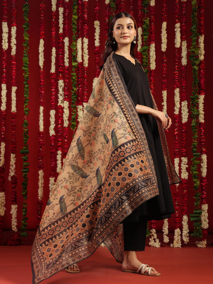 Women's Black Cotton Kurta Set with Printed Chanderi Dupatta