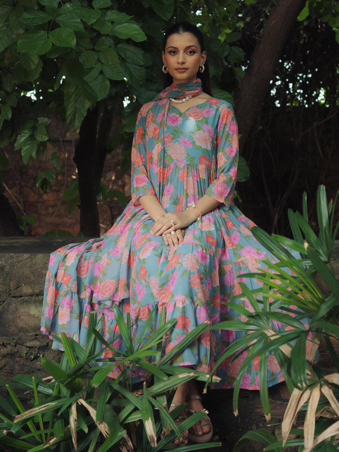 Women's Blue Georgette Kurta Set With Dupatta