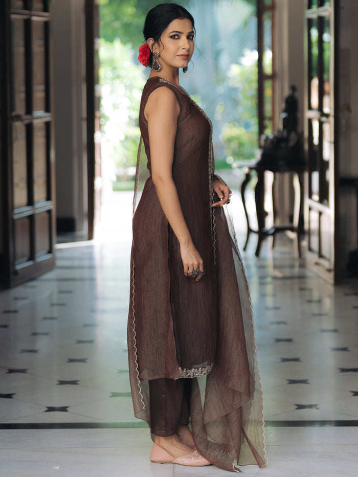 Women's Brown Embroidered Anarkali Set with Dupatta