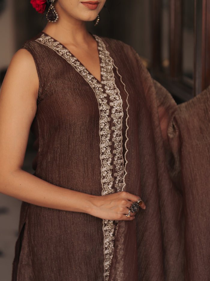 Women's Brown Embroidered Anarkali Set with Dupatta