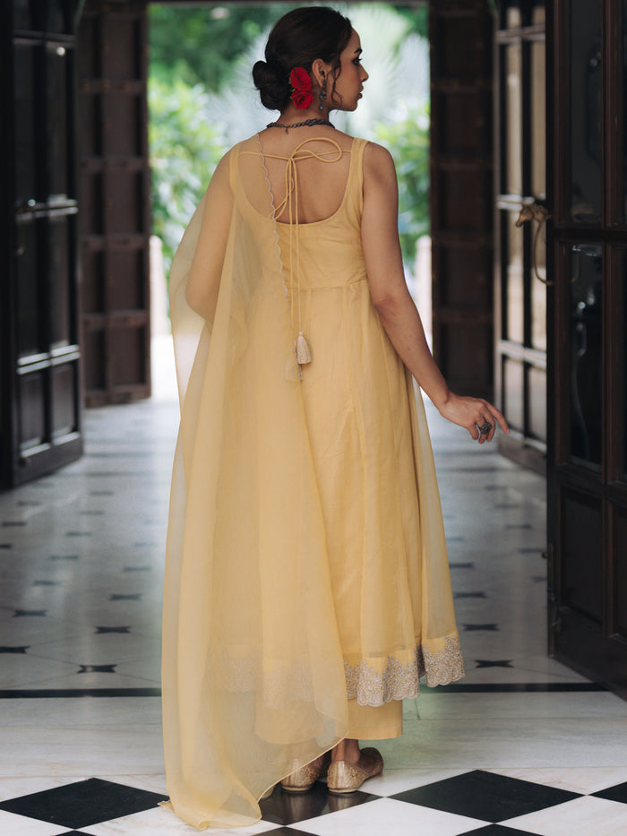 Women's Butter Yellow Embroidered Anarkali Set with Dupatta