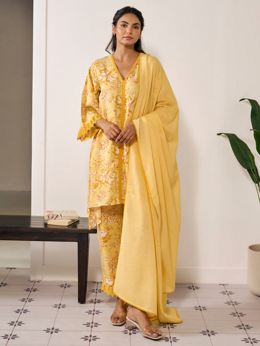 Women's Floral Flared Short Kurta Set with Dupatta