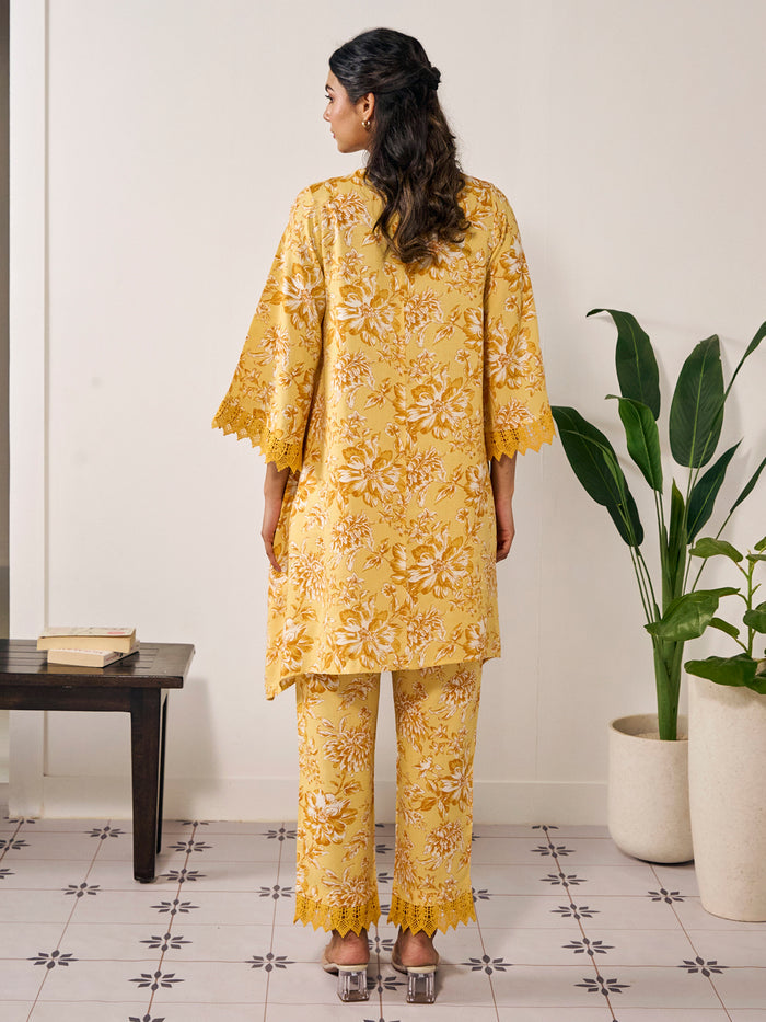 Women's Floral Flared Short Kurta Set with Dupatta
