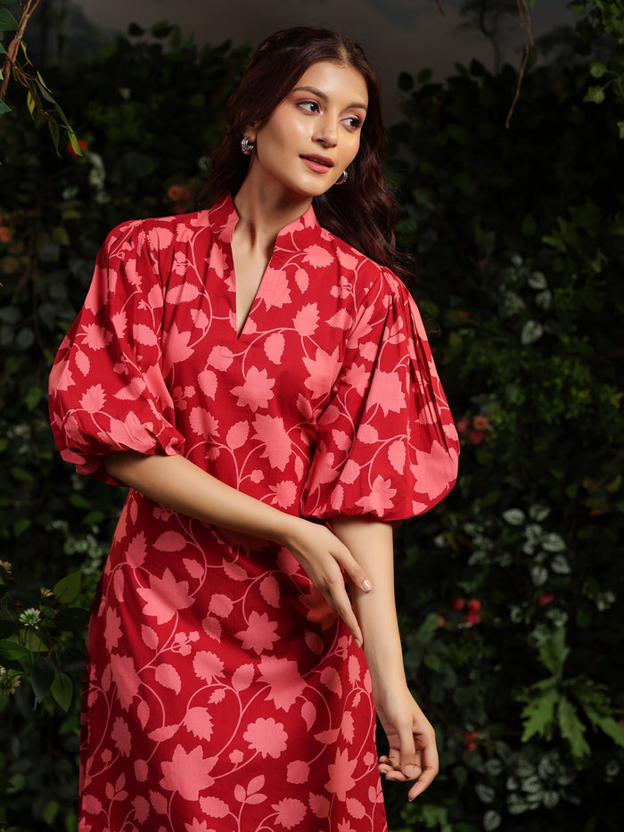Women's Floral Red Printed Cotton Suit Set