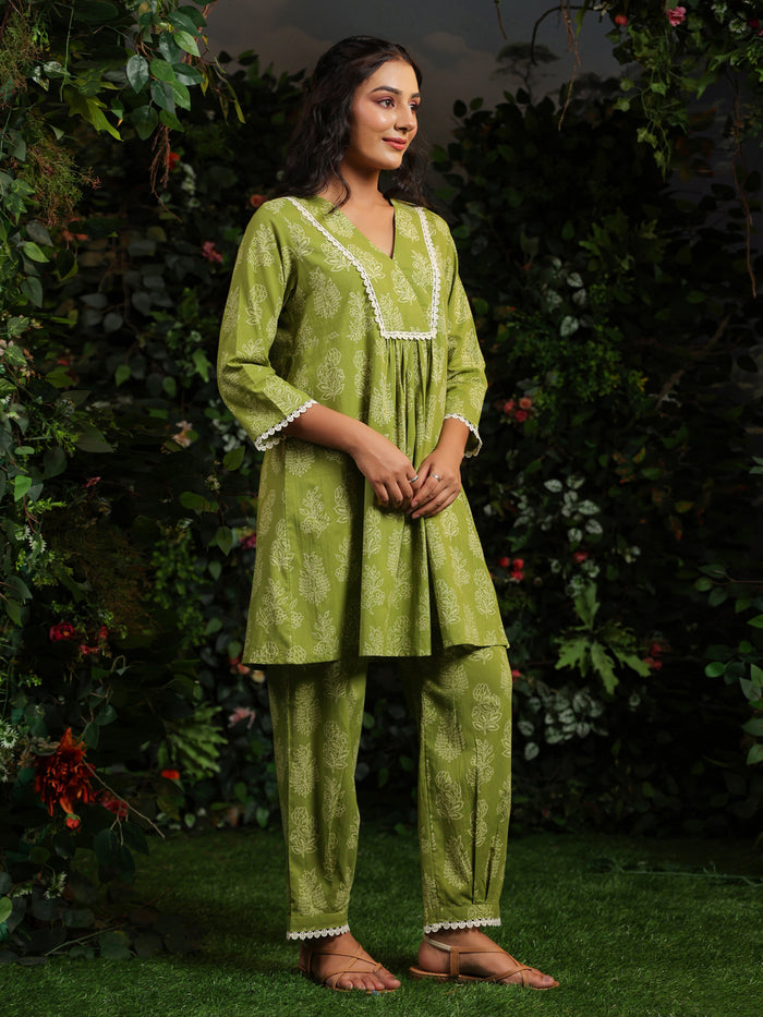 Women's Pistachio Printed Cotton Suit Set