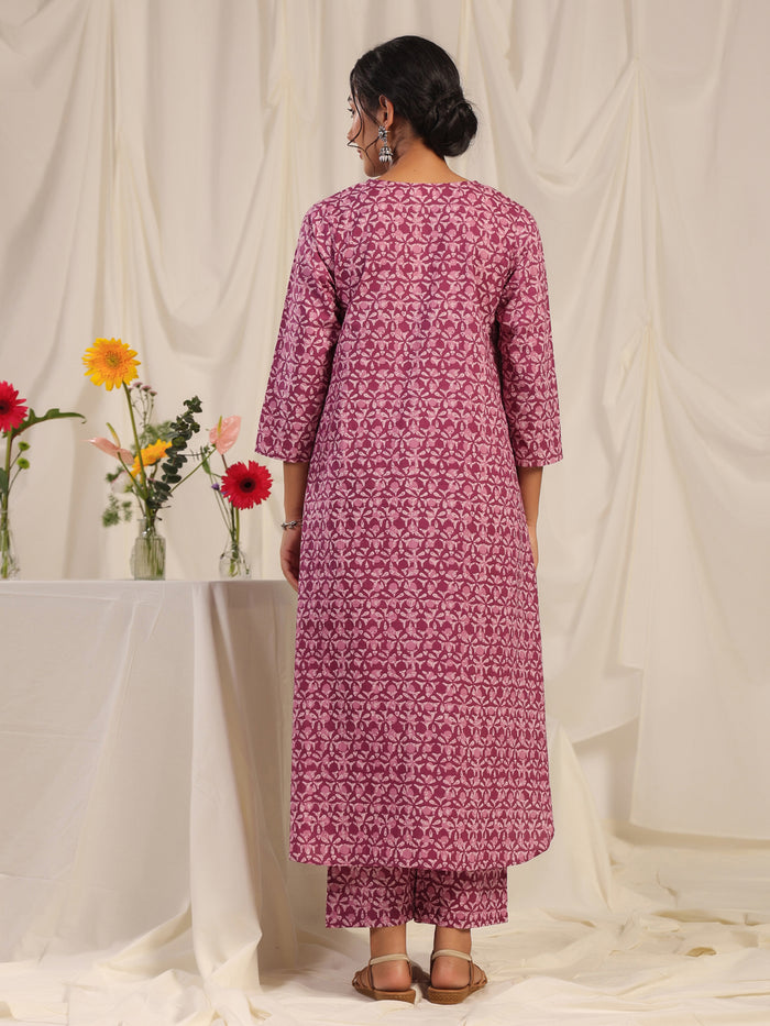 Women's Purple Printed Cotton Kurta With Trouser