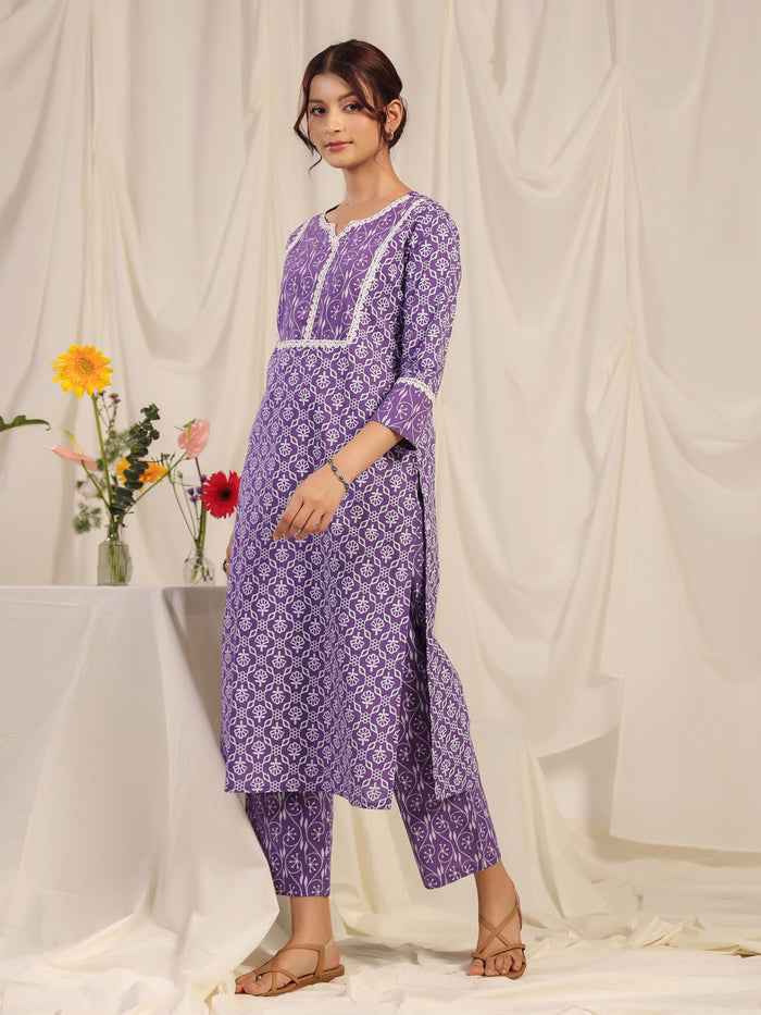 Women's Purple Printed Straight Kurta with trouser