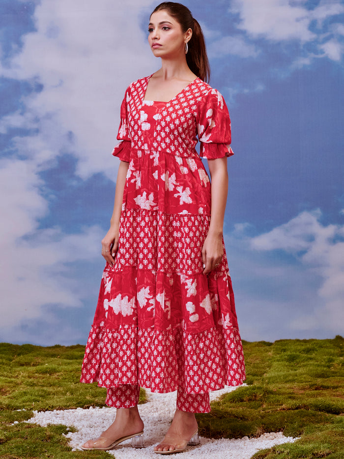 Women's Rayon Tiered Kurta with Straight Trousers