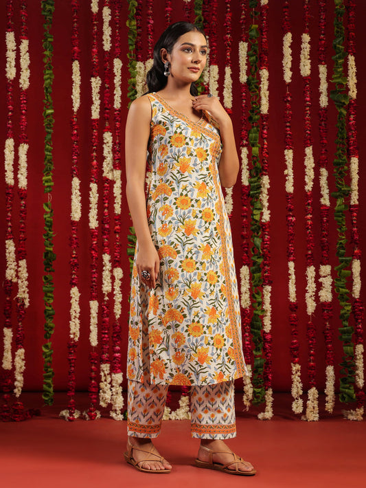 Women's Yellow Printed Cotton Suit Set