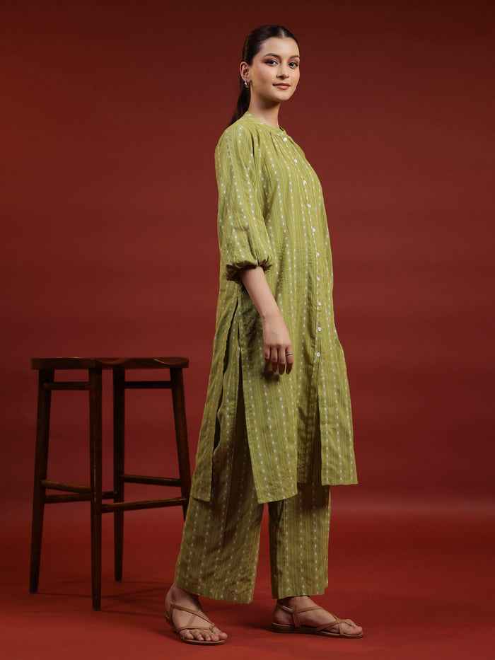 Womens's Green Cotton Button Up Kurta with Trousers