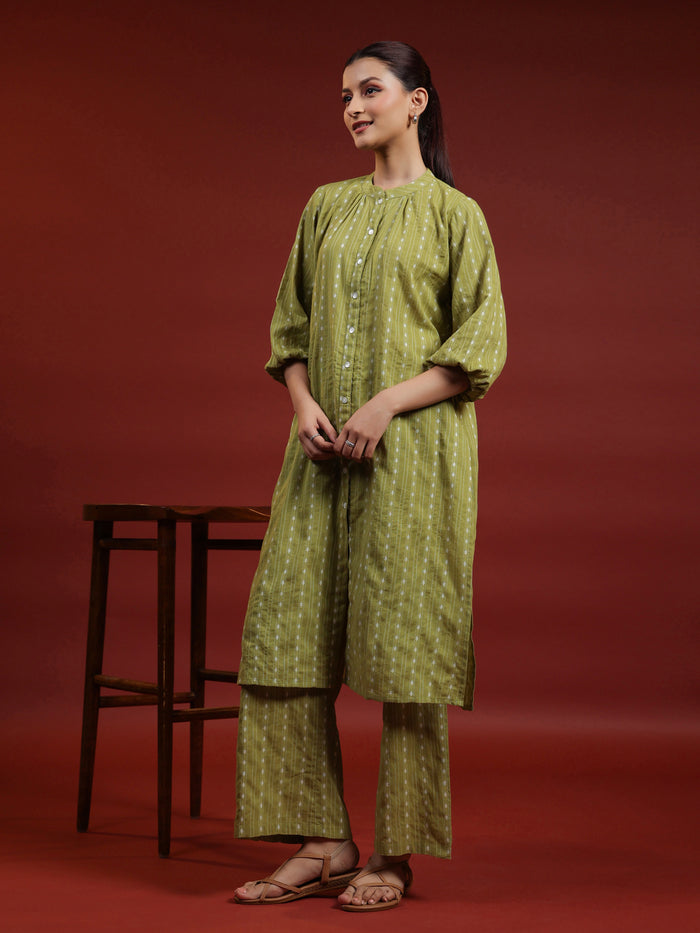 Womens's Green Cotton Button Up Kurta with Trousers