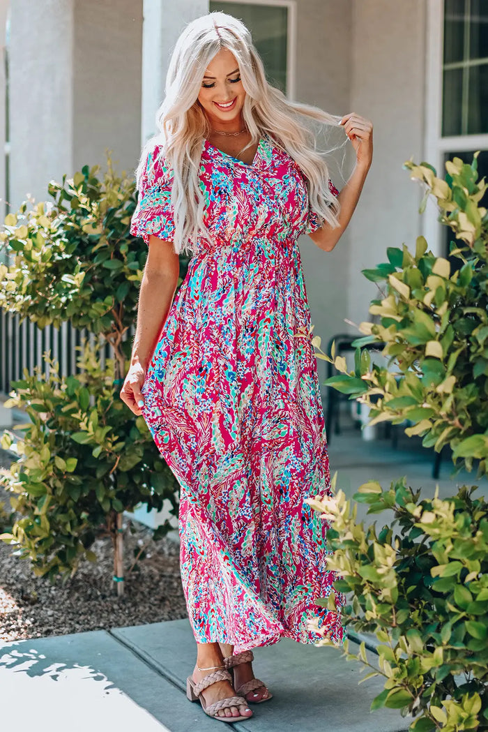 Wrap V Neck Floral Maxi Dress - Dresses/Floral Dresses