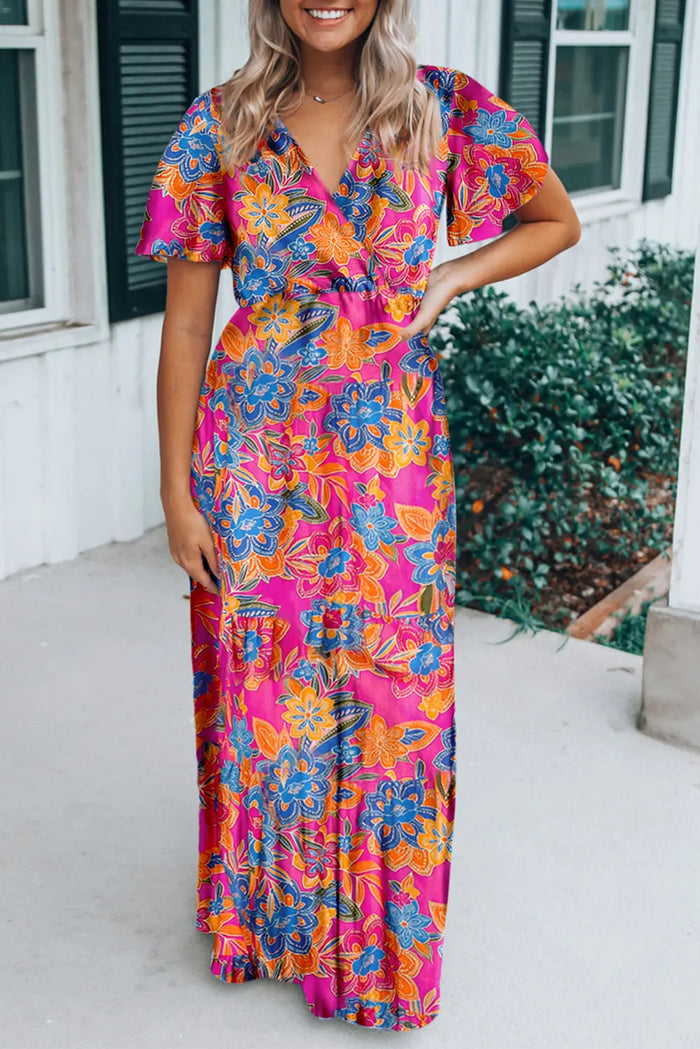 Wrap V Neck Floral Maxi Dress - ROSE / S / 100% VISCOSE - Dresses/Floral Dresses