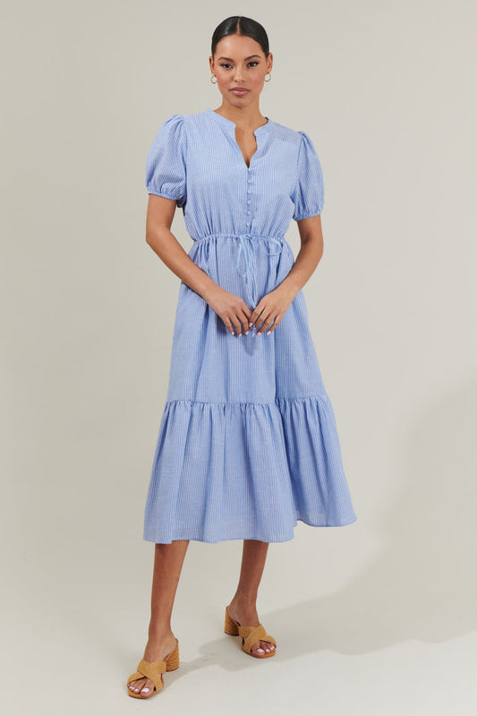 Zephyr Ticking Stripe Waist Tie Midi Dress