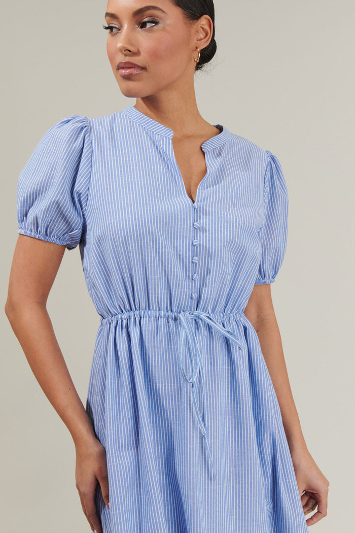 Zephyr Ticking Stripe Waist Tie Midi Dress