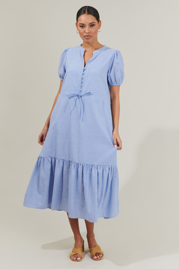 Zephyr Ticking Stripe Waist Tie Midi Dress